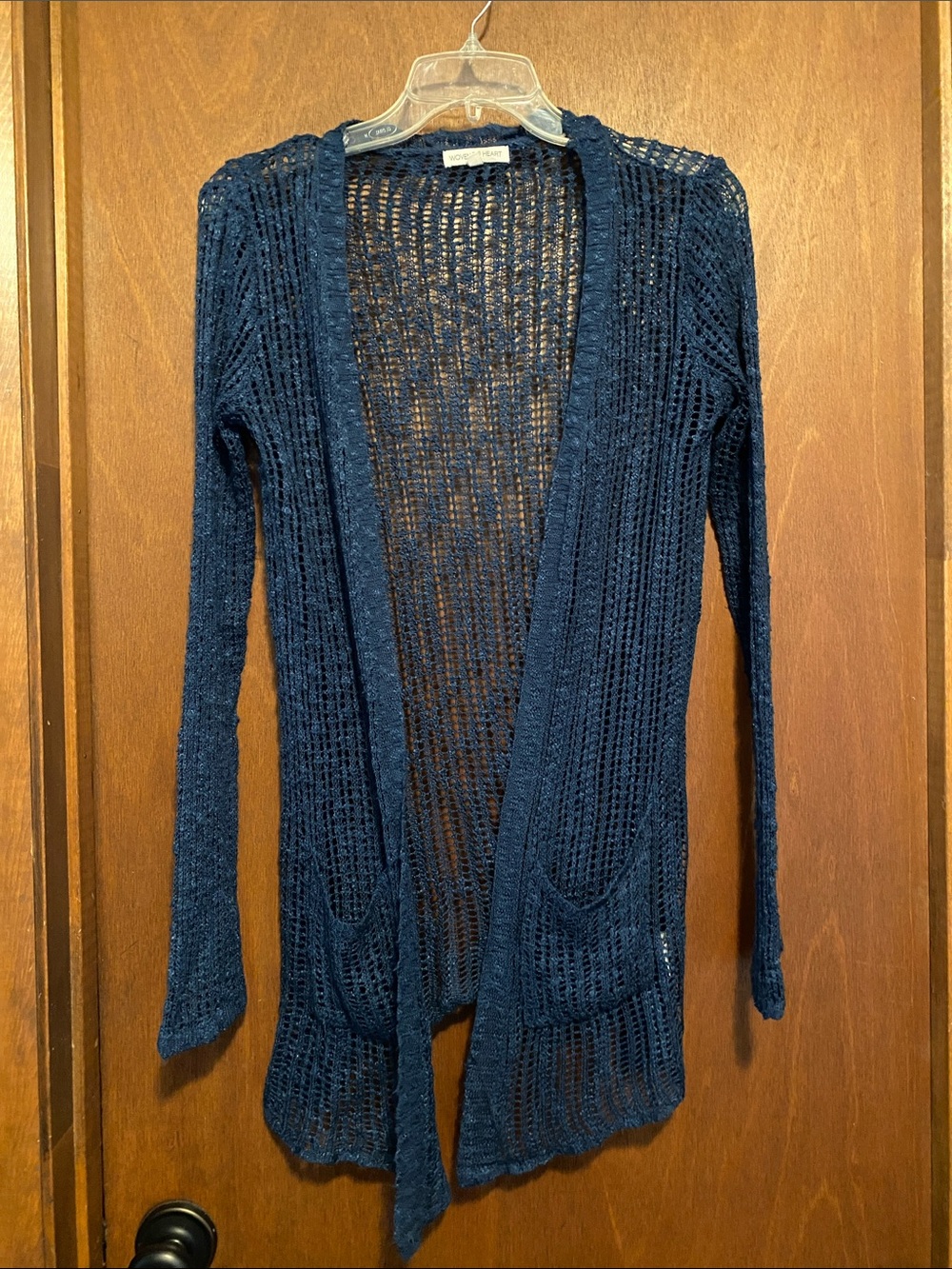 Woven Heart Open-Knit Navy Blue Long Cardigan